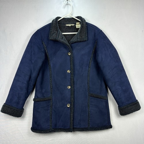 LL Bean Faux Suede Sherpa Lined Full Button Coat Blue Womens Medium Reg 0 BCT8