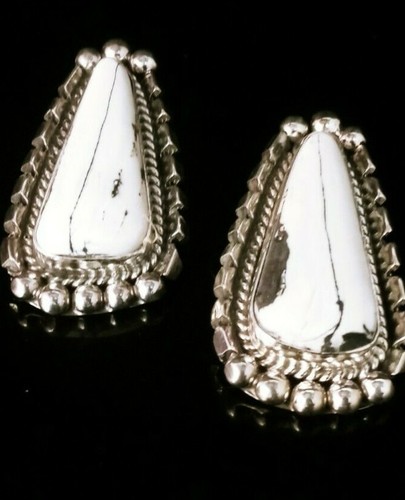 White Buffalo Turquoise Sterling Silver Earrings Navajo Signed By Cecil Atencio - Picture 2 of 11
