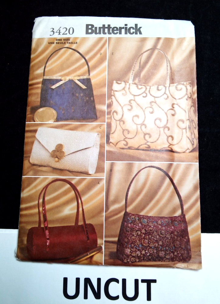 BUTTERICK UNCUT Pattern 3420 One Size Handbags Purses Clutch Bag Satchel Tote