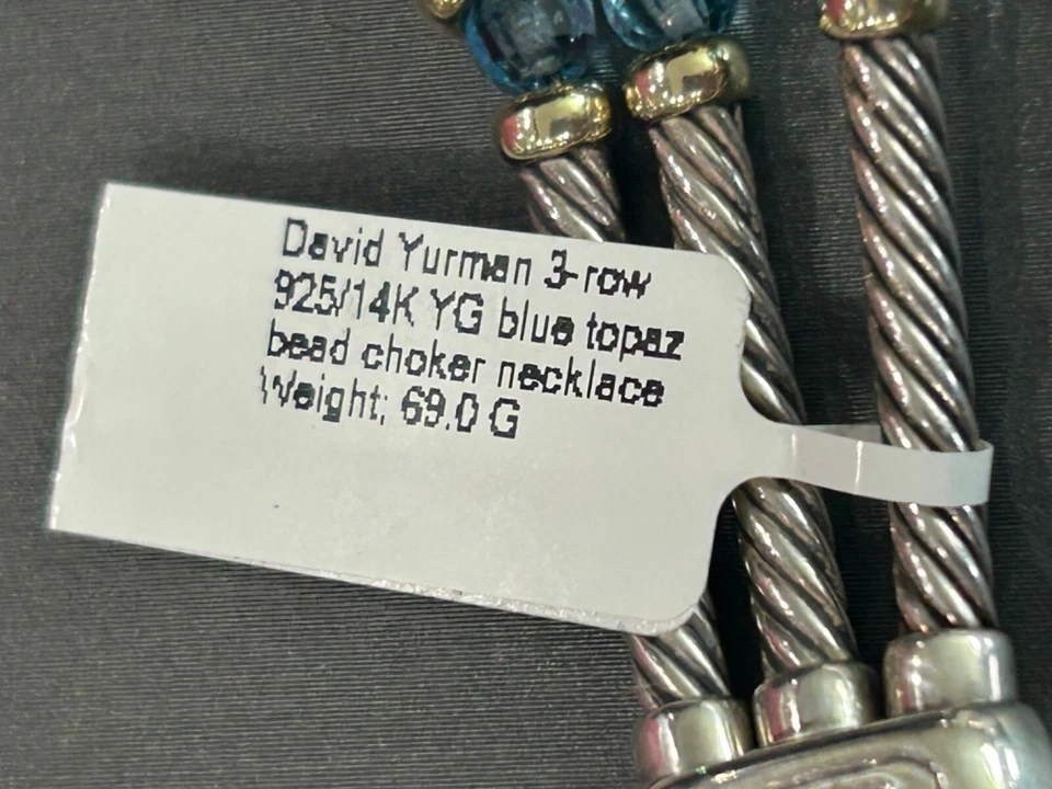 COLLAR DAVID YURMAN PLATA ESTERLINA ORO 14K 3 HILOS CABLE TOPACIO AZUL CUENTAS Foto 3 de 4