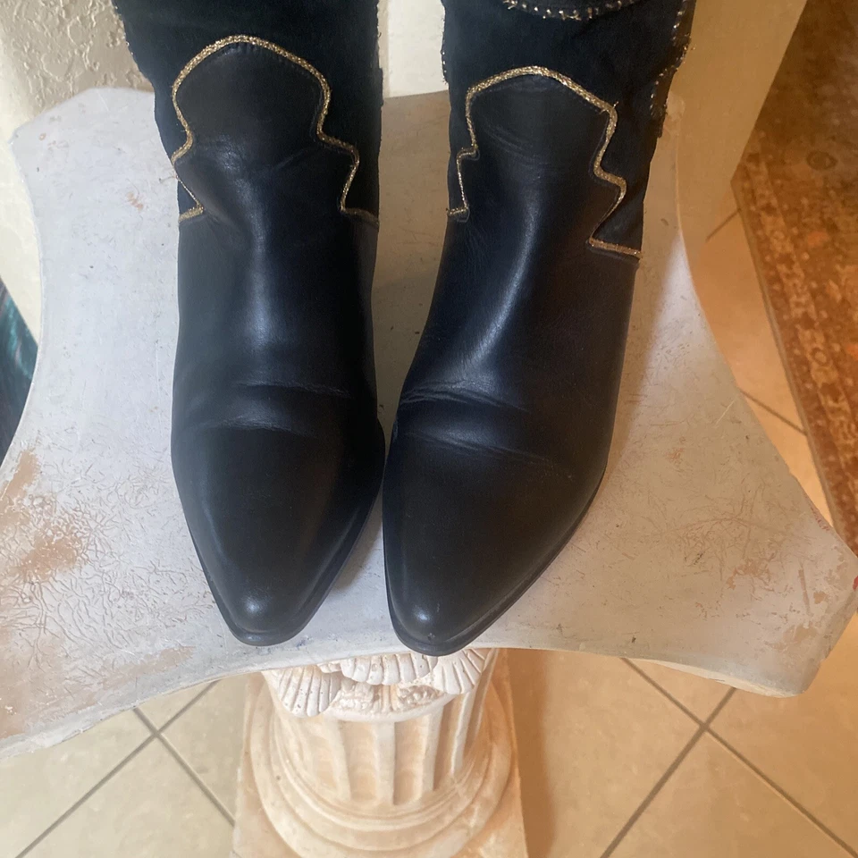 Botas Vaqueras Pazzo Cuero Negro Gamuza con Bordado Dorado Western Mujer 7.5M Foto 4 de 4
