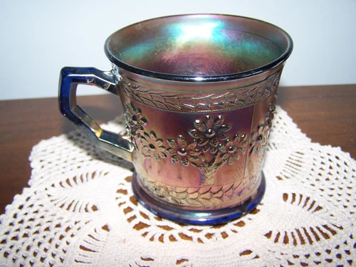 Vtg Fenton Cobalt Blue Iridescent Carnival Glass Orange Tree Mug Cup -3-14