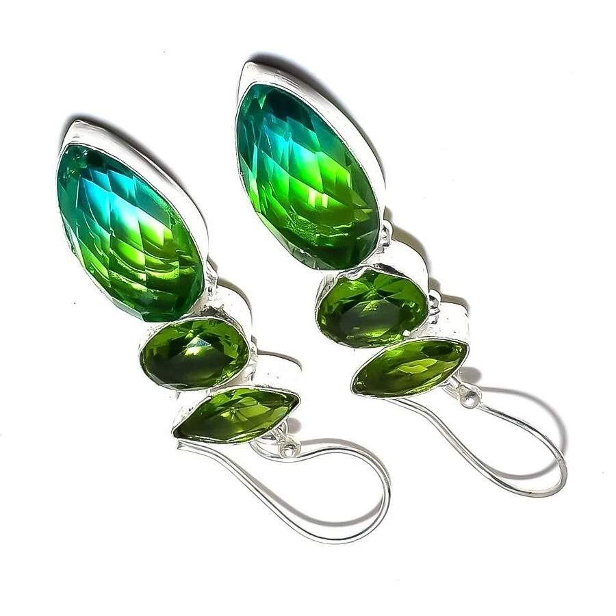 Bi-Color Tourmaline Gemstone 925 Sterling Silver Handmade Jewelry Earrings - Image 3 of 4