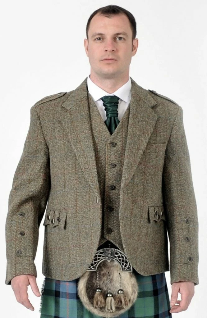 Flower of Scotland Highland Dress Set 8 Yard Kilt Harris Tweed Crail Jacket Vest