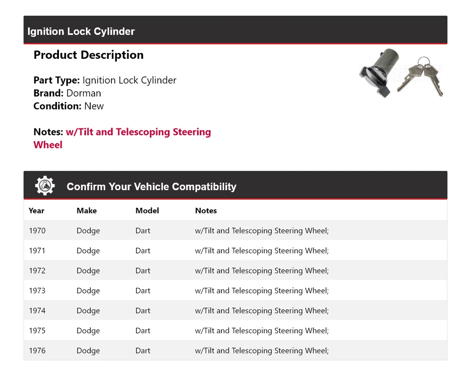For 1970-1976 Dodge Dart Dorman Ignition Lock Cylinder 1971 1972 1973 1974 1975 - Image 2 of 4