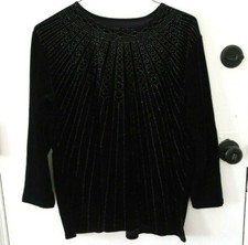 Vintage 80s 90s women's LARGE black rhinestone print velvety sweater top shirt