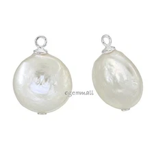 2 White Coin Pearl In Sterling Silver Dangle Charm Earring Beads 12-13mm #98245