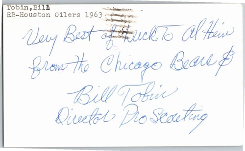 -Bill Tobin- (d.2024) Signed/Autograph/Auto Postcard Chicago Bears NFL