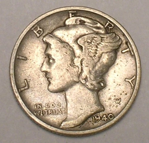 1940 S Mercury Winged Head Dime 10 Cents Silver Coin VF