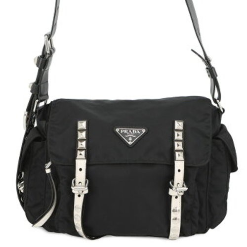 PRADA Studded Shoulder Bag Nylon Leather Black White 1BD118 rare from Japan