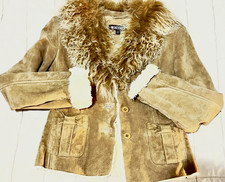XOXO Women’s Brown Suede Fur Trim Button Lined Short Jacket, Size M