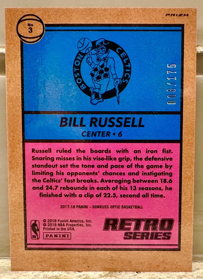 JERSEY # MATCH! 2017-18 Donruss Optic Bill Russell Lime 6/175! CELTICS (1/1)! - Image 2 of 3