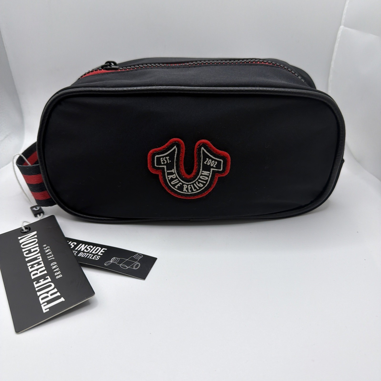 TRUE RELIGION Toiletry Bag PENN Black Red Bonus Travel Bottles BRAND NEW NWT