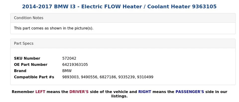 BMW I3 2014-2017 - Calentador de flujo eléctrico/calentador de refrigerante 9363105 Foto 4 de 4