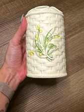 Cream Ceramic Basketweave Floral 4-Hole toothbrush Holder, Freestanding