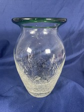 Vintage Hand Blown Crackle Glass Vase Clear Green Rim 6.5" Art Glass