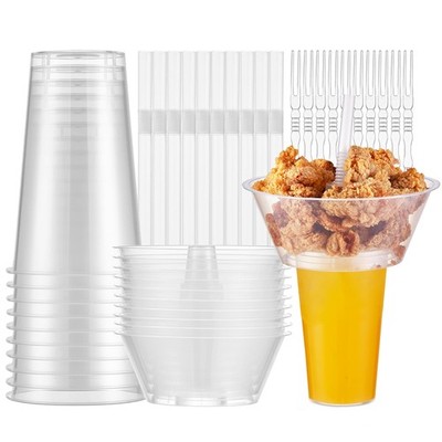 Snack and Drink Cup, 10 Sets Disposable Plastic Cup with Snack Bowl on Top In...