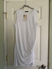 BTFBM White Solid Ruched Knit Bodycon Dress Round Neck Sleeveless XL