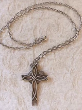 Lovely Vtg Silverplate Cross Pendant Necklace w Dove Studded Detail 26" Spiritua
