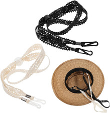 2 PCS Hat Straps for Wind, Adjustable Beige Black Chin Cord, Lace Sun Hat Chin S