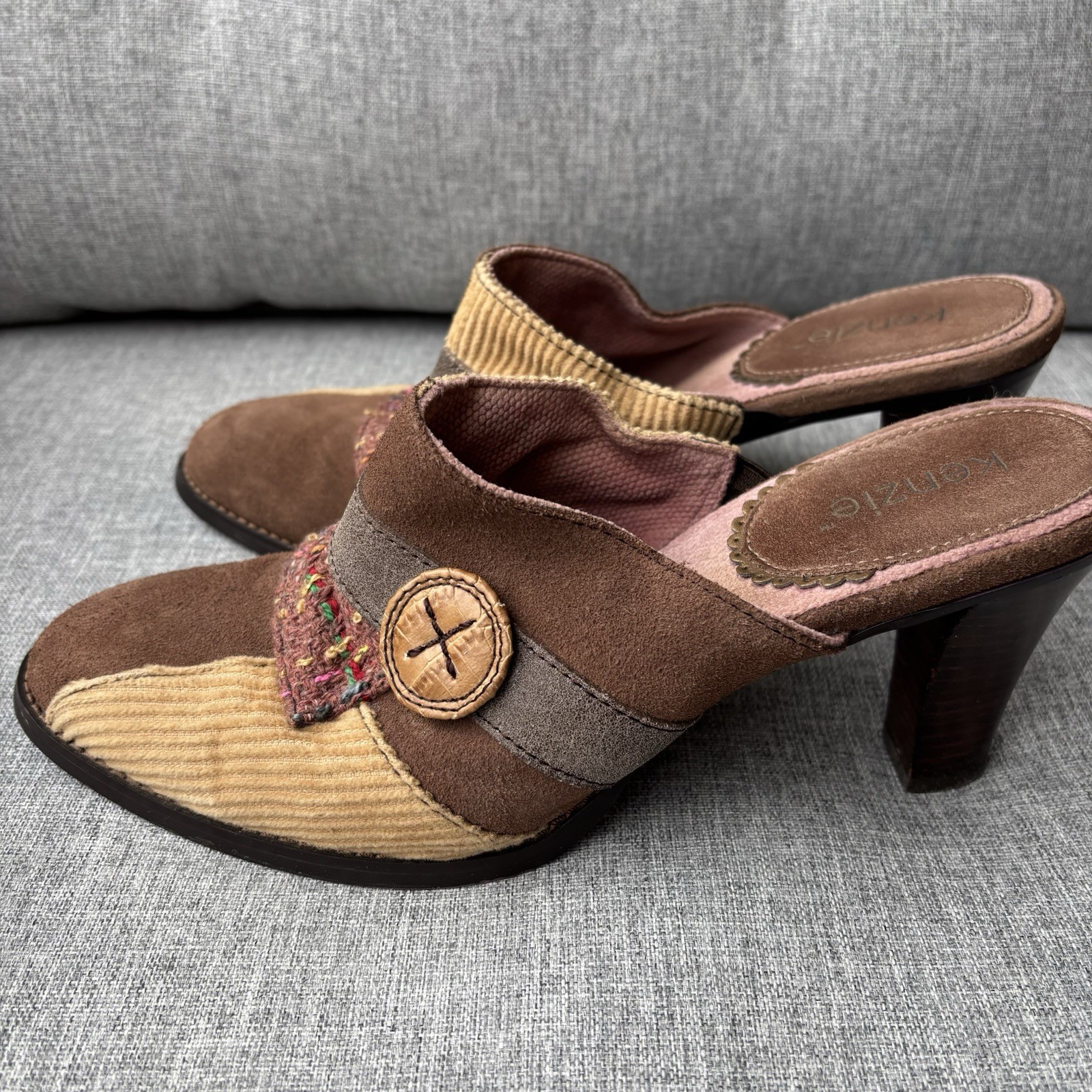 Kenzie Touch Corduroy Leather Brown Suede Clogs Mules Heels Women's Size 9M