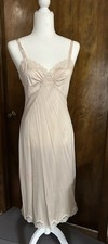 VTG Beige Tan SHADOWLINE V-Neck Full Slip Nightgown Nylon  Lace SZ M 34 NICE