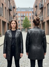 Women's Black Button Jacket with Collared Neck and Pockets, Mid-Length