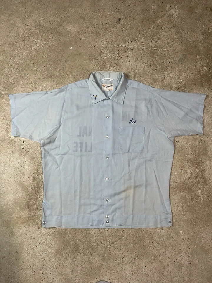 Camisa de Bowling King Louie Vintage Años 50 Lincoln National Life Azul Grande Hilton Foto 3 de 4