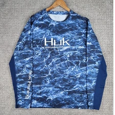 Huk Performance Fishing Long Sleeve Shirt Mens XL Blue Mossy Oak Elements Vented