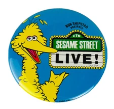 Vintage 1980 Sesame Street LIVE Big Bird Blue 3.5" Button Pin Muppets Inc. CTW