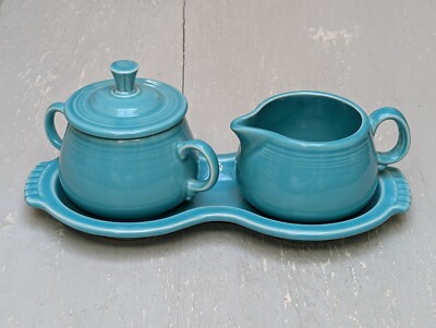 Rare Vintage Fiestaware Turquoise Teal Sugar Bowl & Lid Creamer Milk Jug & Tray