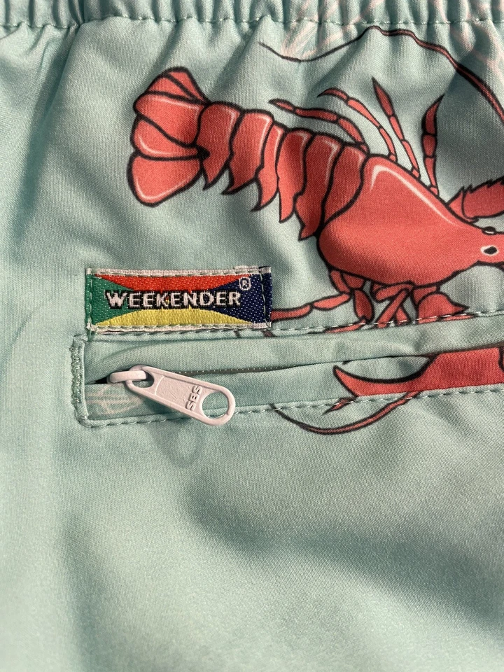 WEEKENDER SWIM TRUNKS MEN’S SIZE SMALL - teal with lobster print - Image 4 of 4