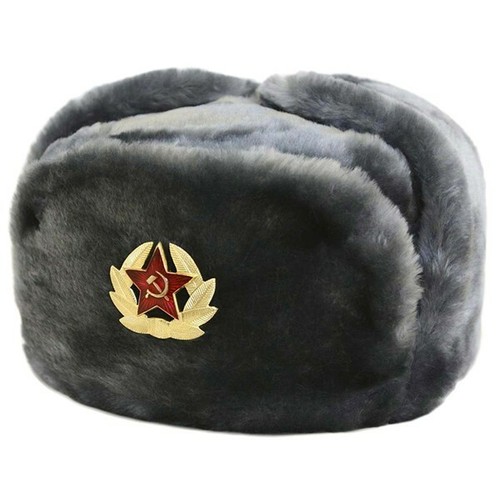 Russian Faux Fur Military Ushanka Hat w/Soviet Army Insignia (Gray) US