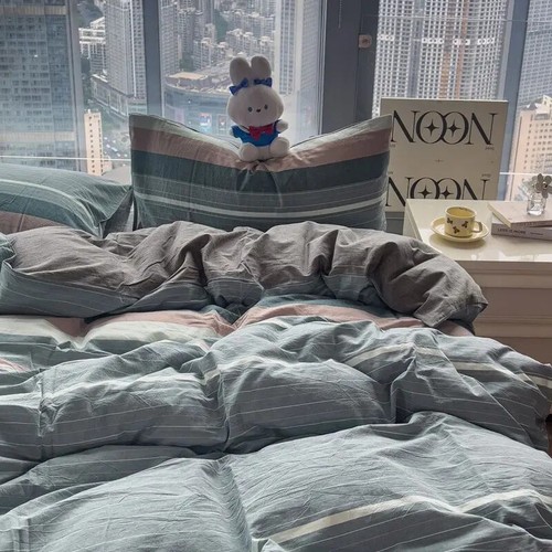 Bedding Sets Plaid Solid Color Washed Cotton Soft Bed Sheet Bed Cover Pillowcase - Photo 26 sur 38