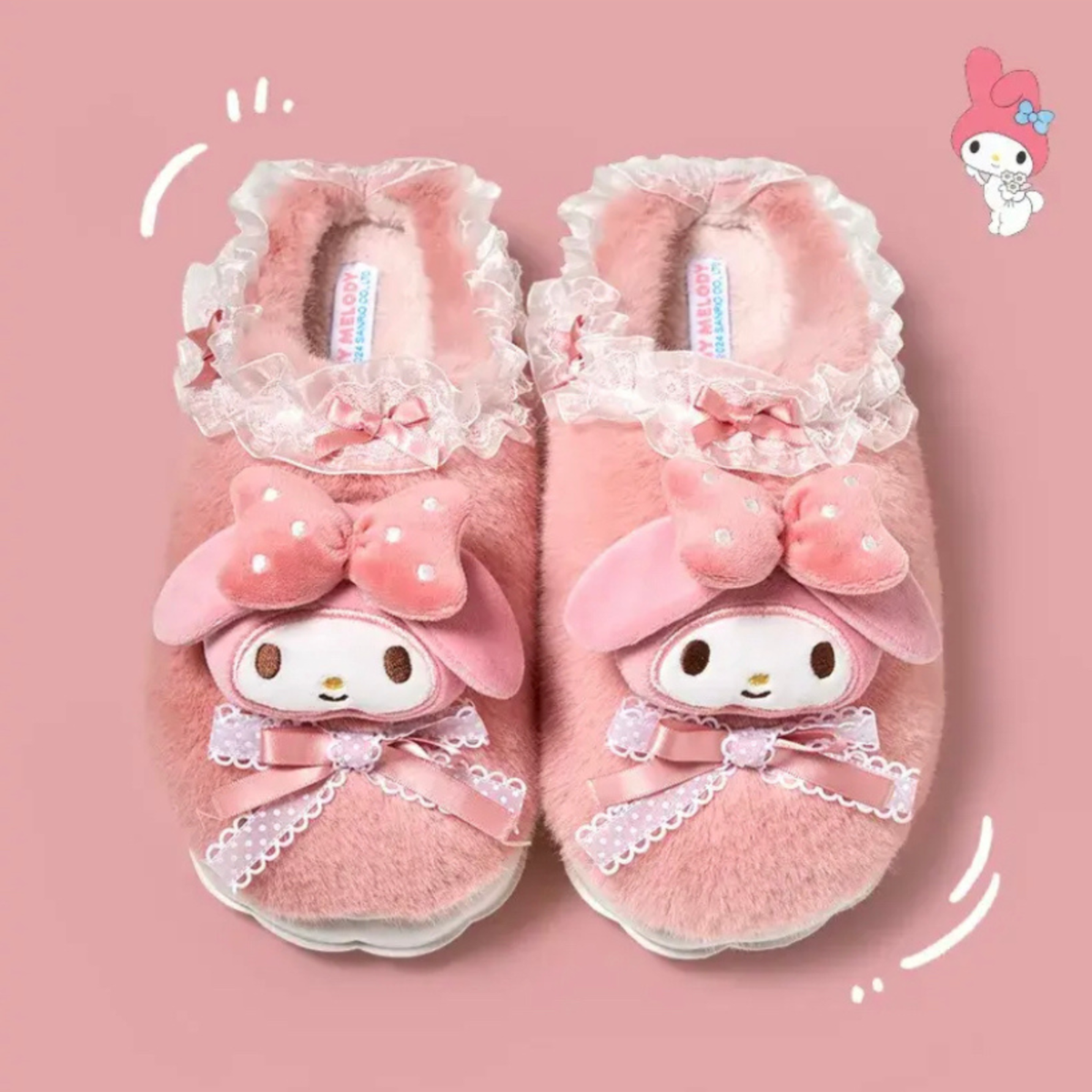 Sanrio My Melody Fur Slippers Lacey Lolita Sweet Peach Chunky Sole