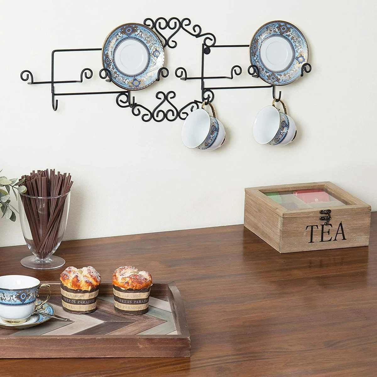 Plate Wall Display Rack for Coffee Cup & Saucer, Holder for 4 Plates & Mugs  Sets