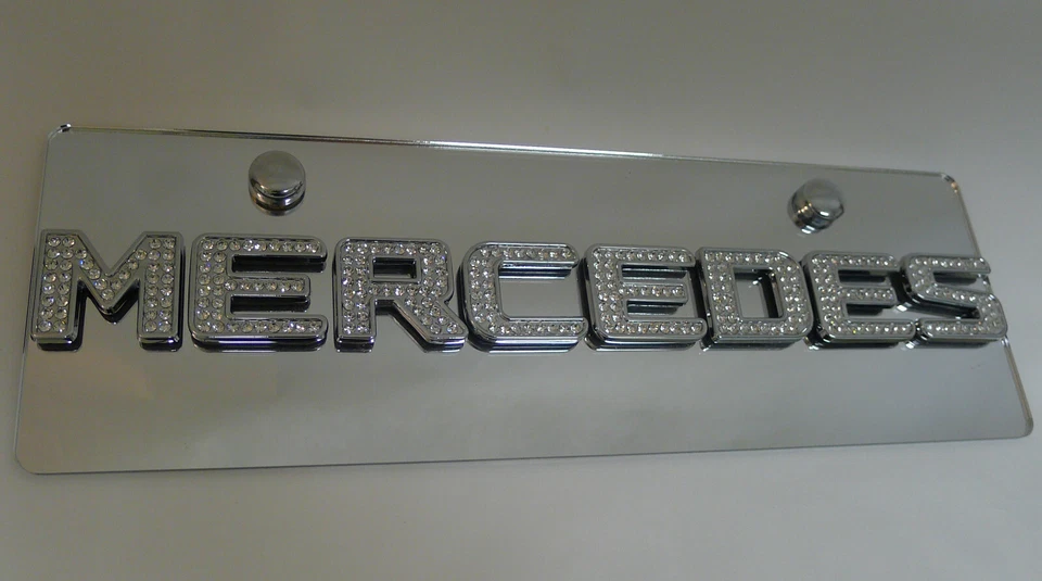 Mercedes Benz Chrome Mirrored License Plate Half Size Tag Crystal Emblems - Image 3 of 4