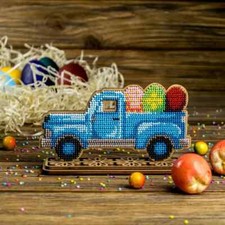 DIY Bead Embroidery Kit on Wood Easter Car with Eggs Beadwork Beaded Craft Set