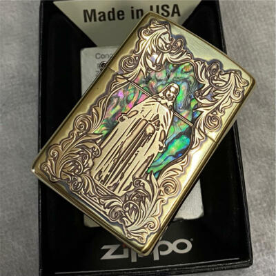Zippo Virgin Mary Shell Brass Antique Deep Etching Shellfish Pasting Gold Japan