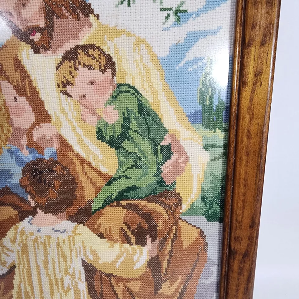 Religious Finished Needlepoint Artwork  in 14.5 x 11.5 Wood Frame Jesus Children - Image 4 of 4