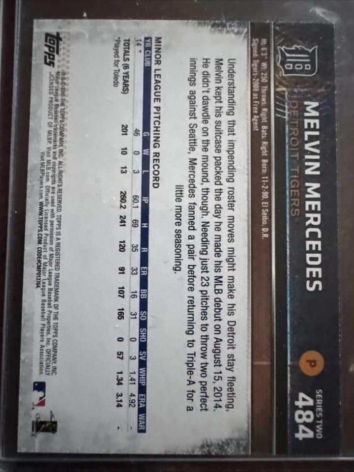 2015 Topps Mini #484 Melvin Mercedes 1/1 Tigers - Image 2 of 3
