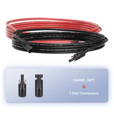 30FT 1 Pair Black+Red Solar Panel Extension Cable Wire Solar Connectors 10 AWG