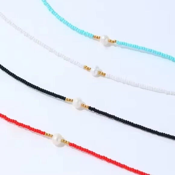 Gargantilla Perla Cuentas Elige Rojo Blanco Negro Turquesa Impermeable Cadena Dorada Foto 3 de 4