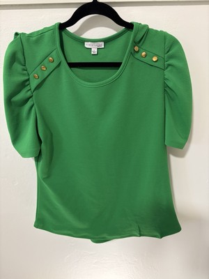 C'est La Vie Professional Short Sleeve Spring Green Puff Shoulder Shirt Comfy L