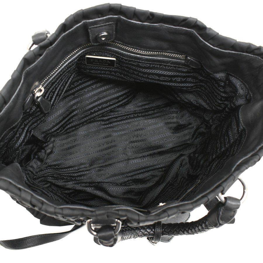 Auth PRADA Braided Leather Handle Gathering Nylon Bag Hand Bag Black Purse T10K thumbnail 8