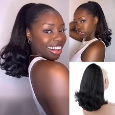 16 Inch Drawstring Ponytail Extension Black Fluffy Yaki Texture Corn Perm