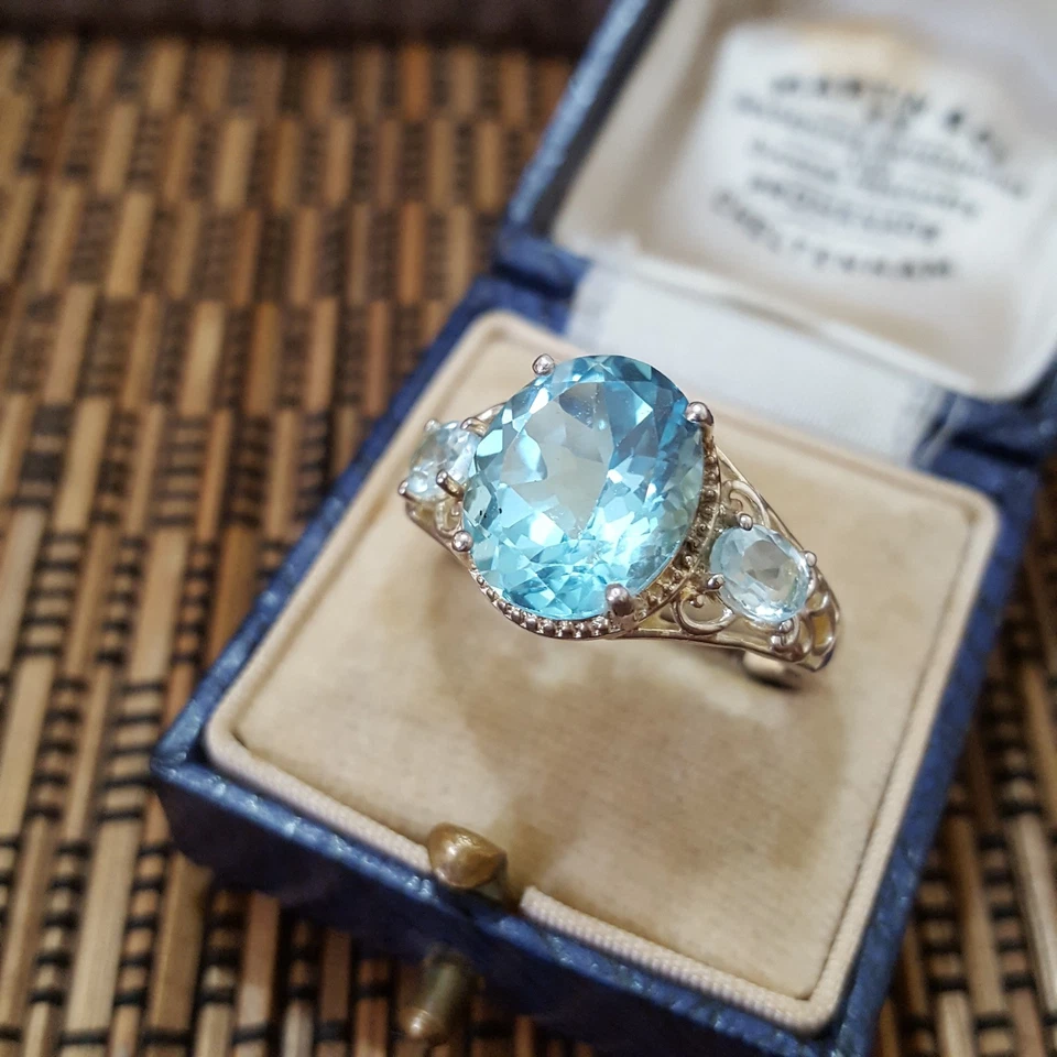 Anel de prata esterlina 925, anel de topázio azul genuíno, tamanho P.5 EUA 7.75, estilo retrô - Imagem 3 de 4