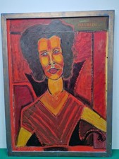 Naive Folk Art Maureen Portrait Oil on Board Painting by the Artist Van Chuff