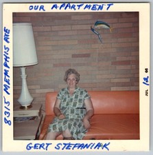 Vtg Color Snapshot Woman Gert Stefaniak Orange Couch Brick Wall Apartment 1966