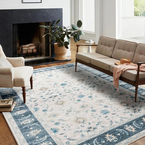 Washable Area Rug-5x7 Vintage Large Floral Carpet Distressed Non-Slip Floor C...